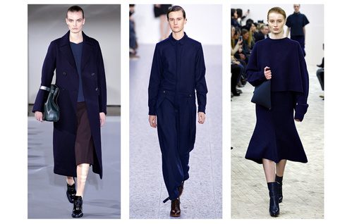 Three runway models showcasing minimalist navy blue tailored coats and monochromatic winter styles from Dries Van Noten, Chloé, and Céline on Kayoubi Muse.