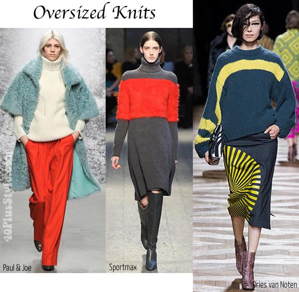 Three runway models showcasing oversized knits, chunky turtleneck sweaters, and autumn styling from Paul & Joe, Sportmax, and Dries van Noten on Kayoubi Muse.