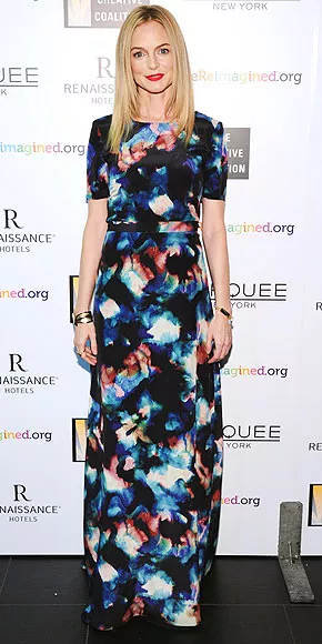 Heather Graham posing in a super-chic printed maxi dress at the Creative Coalition Gala event.