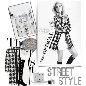 Street style moodboard featuring an oversized houndstooth blazer, over the knee boots, and a monochrome umbrella