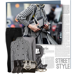 Outfit concept featuring a houndstooth blazer, black leather leggings, and classic Coach handbag
