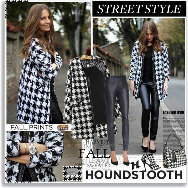 A fashion mood board collage showcasing an autumn street style outfit featuring a black and white houndstooth blazer coat, leather leggings, and black heels on Kayoubi Muse.
