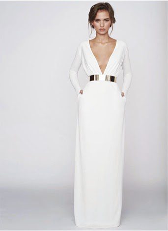 AQ/AQ Cray ruched cream maxi dress with belt.