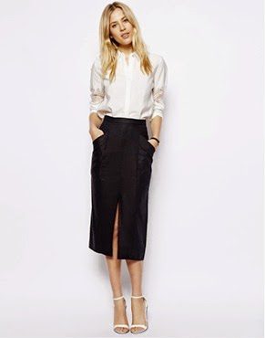 Classic ASOS pencil skirt and white shirt outfit.