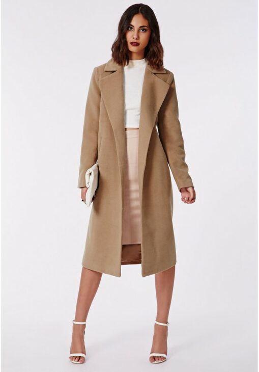 Model wearing the camel Kimberley premium waterfall coat from Missguided.