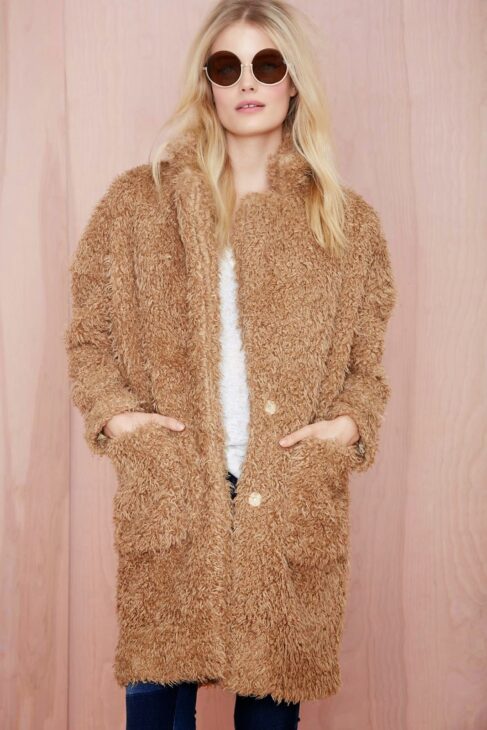 Nasty Gal fuzz word camel coat.
