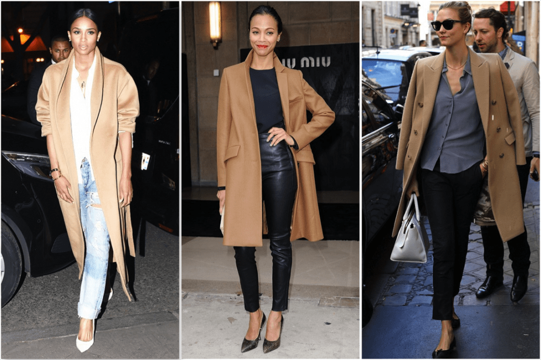 Famous celebrities wearing camel coloured coats.