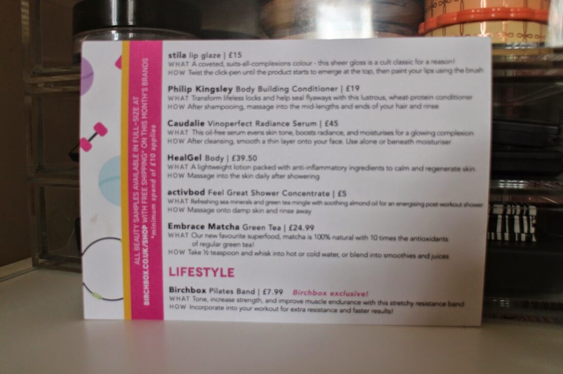 Birchbox product information card detailing January items and lifestyle products.