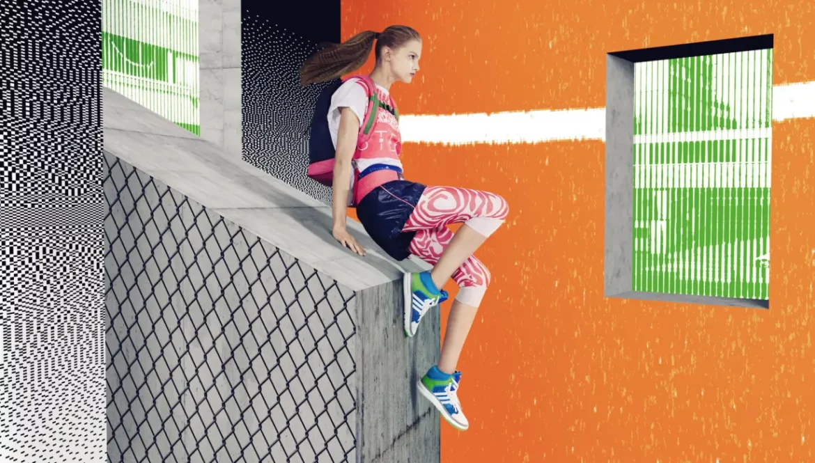Model in pink zebra print leggings and crop top for Adidas StellaSport campaign