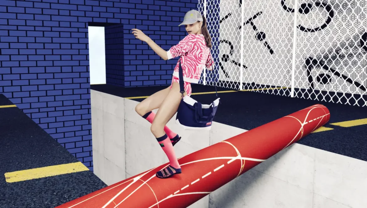 Model balancing in Adidas StellaSport pink zebra print playsuit and tote bag