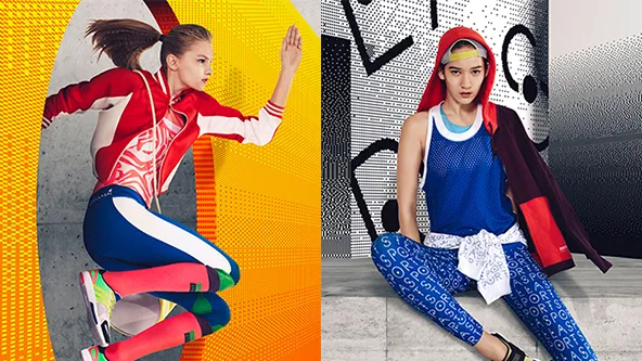 Split campaign visual featuring Adidas StellaSport red bomber jacket and blue mesh tank