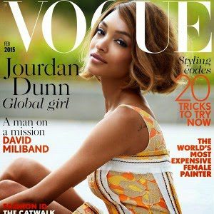 Jourdan Dunn featured on the promo thumbnail for Vogue UK February 2015.