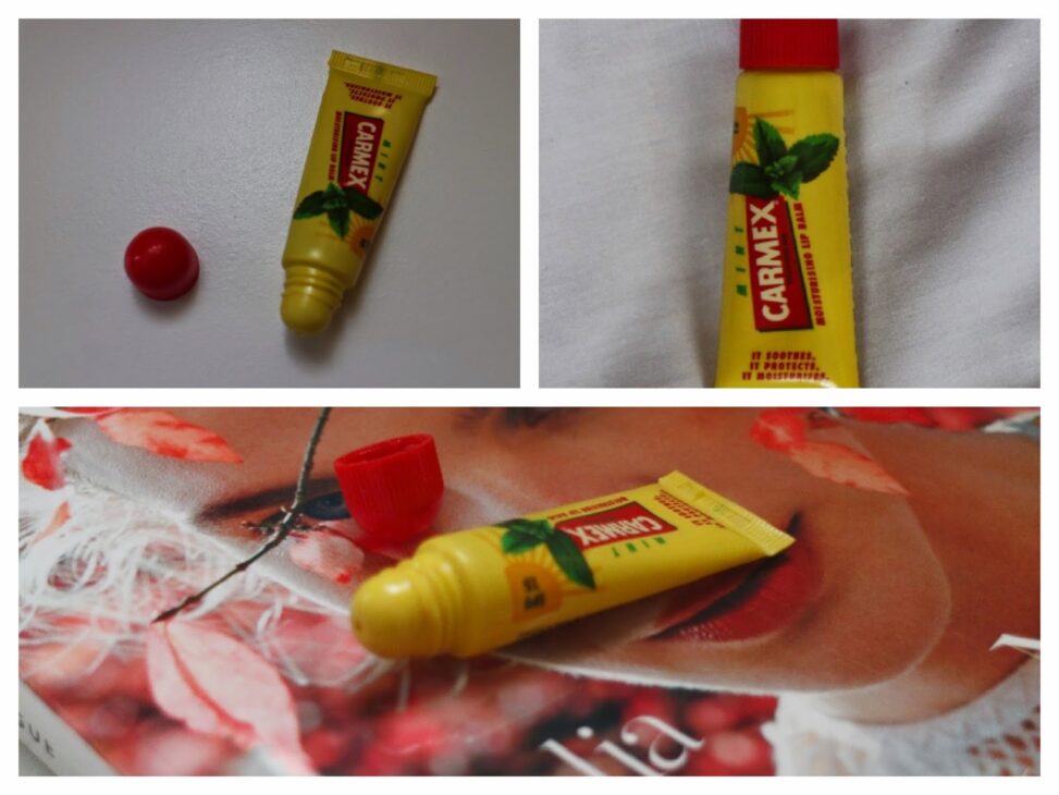 Squeeze tube of Mint Carmex Moisturising Lip Balm with SPF