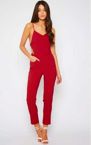 PrettyLittleThing Evita deep burgundy backless pinafore wide leg jumpsuit