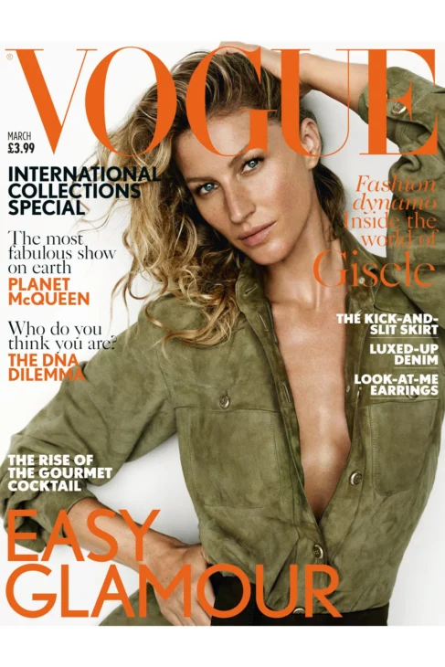 Gisele Bündchen March British Vogue cover wearing tan suede Chanel shirt