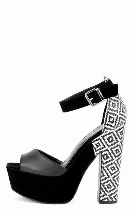 PrettyLittleThing Shona black sandals with Aztec print heel