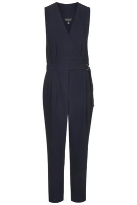 Topshop navy sleeveless tailored jumpsuit with metallic D-ring belt